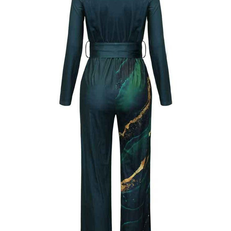 Print Jumpsuit Women Autumn and Spring 2024 New Fashion Long Sleeve Lapel Loose Casual Elegance Green Jumpsuits