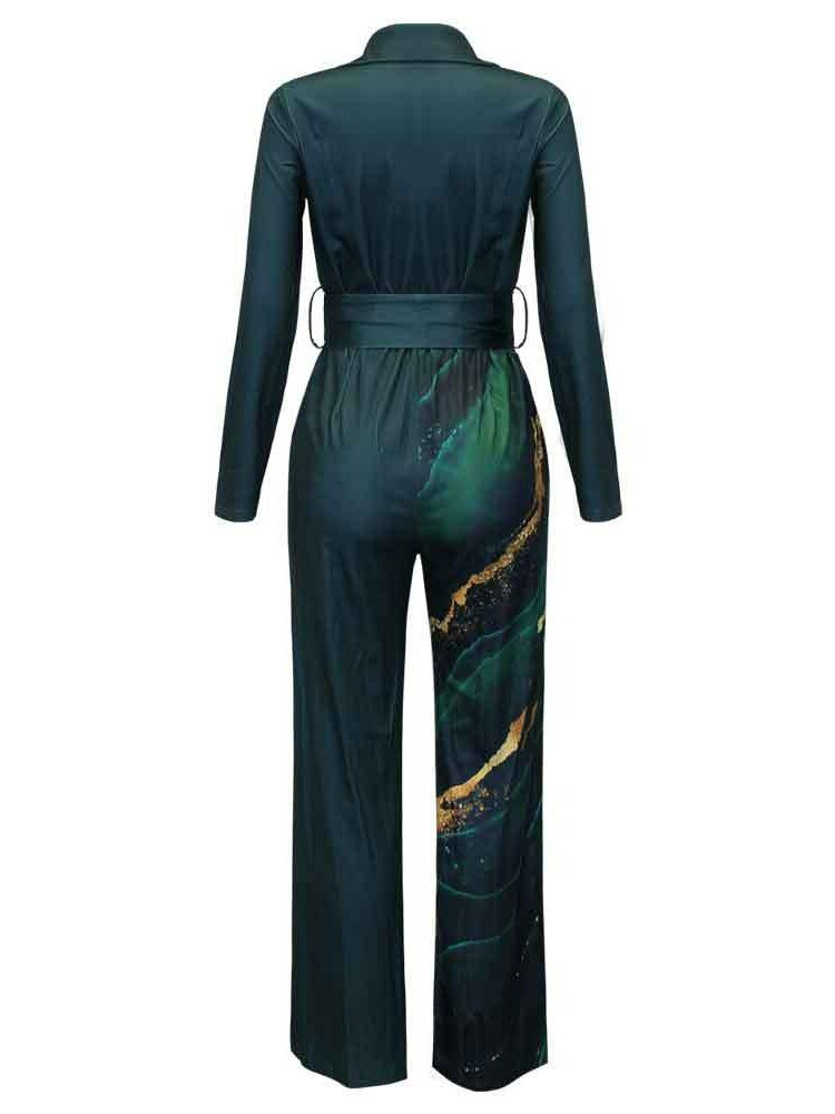 Print Jumpsuit Women Autumn and Spring 2024 New Fashion Long Sleeve Lapel Loose Casual Elegance Green Jumpsuits