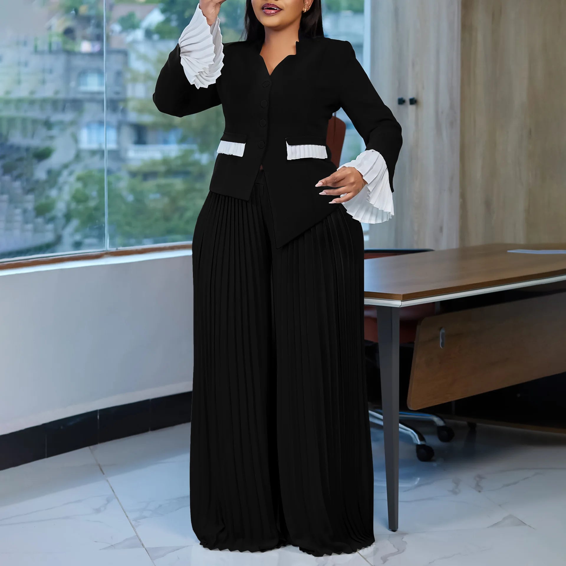 Plus Size Spring Autumn 2 Two Piece Set Women Slim Fashion Irregular Ladies Blouses Pleated Loose Wide Leg Woman Long Pant black