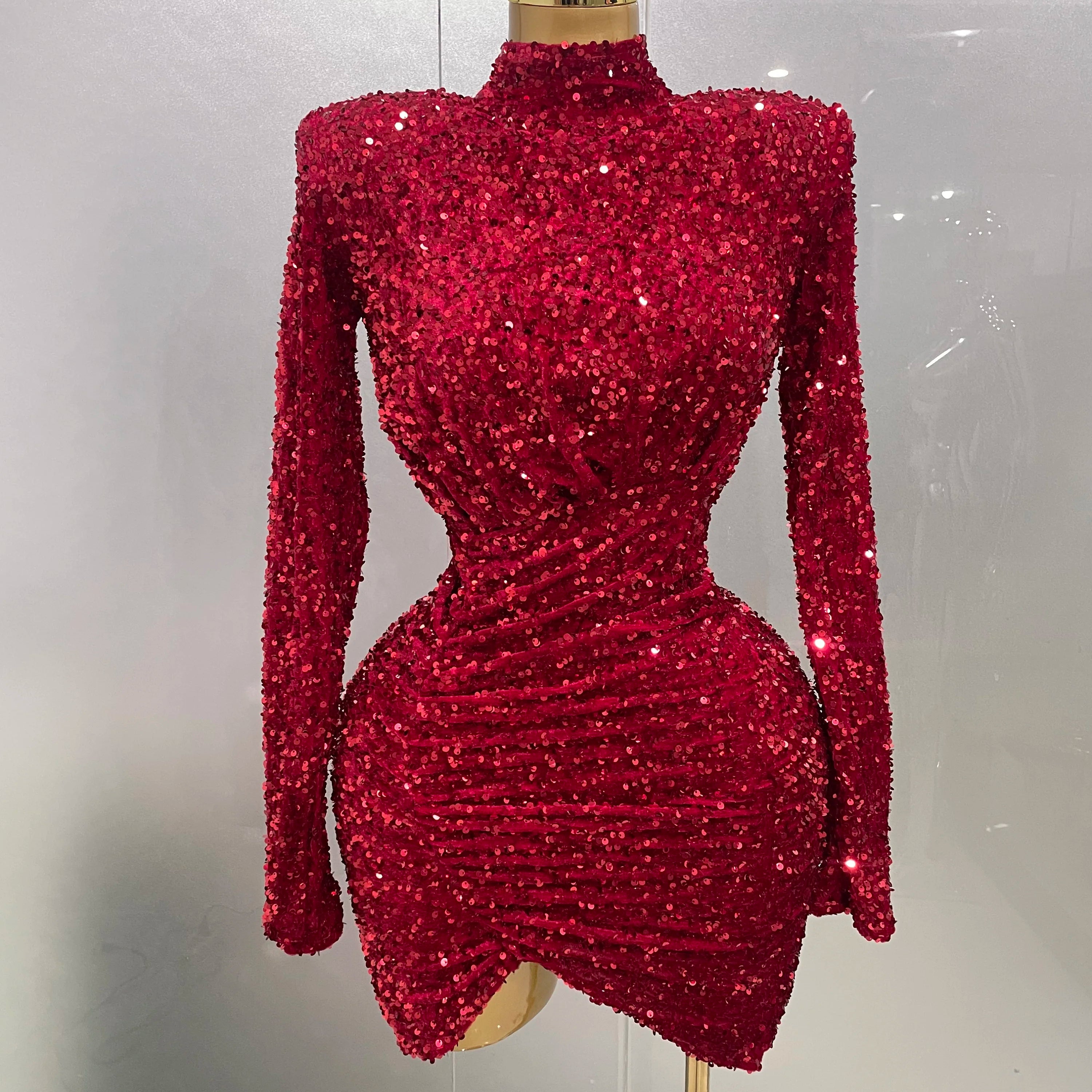 Sexy Sparkly Red Sequins Long Sleeve Short Dress 2025 New Women Evening Celebrate Birthday Party Club Performance Stage Costume Red