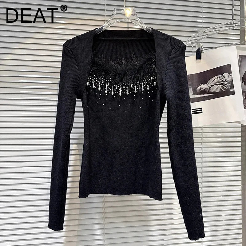Winter New Elegant Fashion Shawl Slim Fit Knitted Sweater For Women Versatile Feather Patchwork Pullover 11A07523
