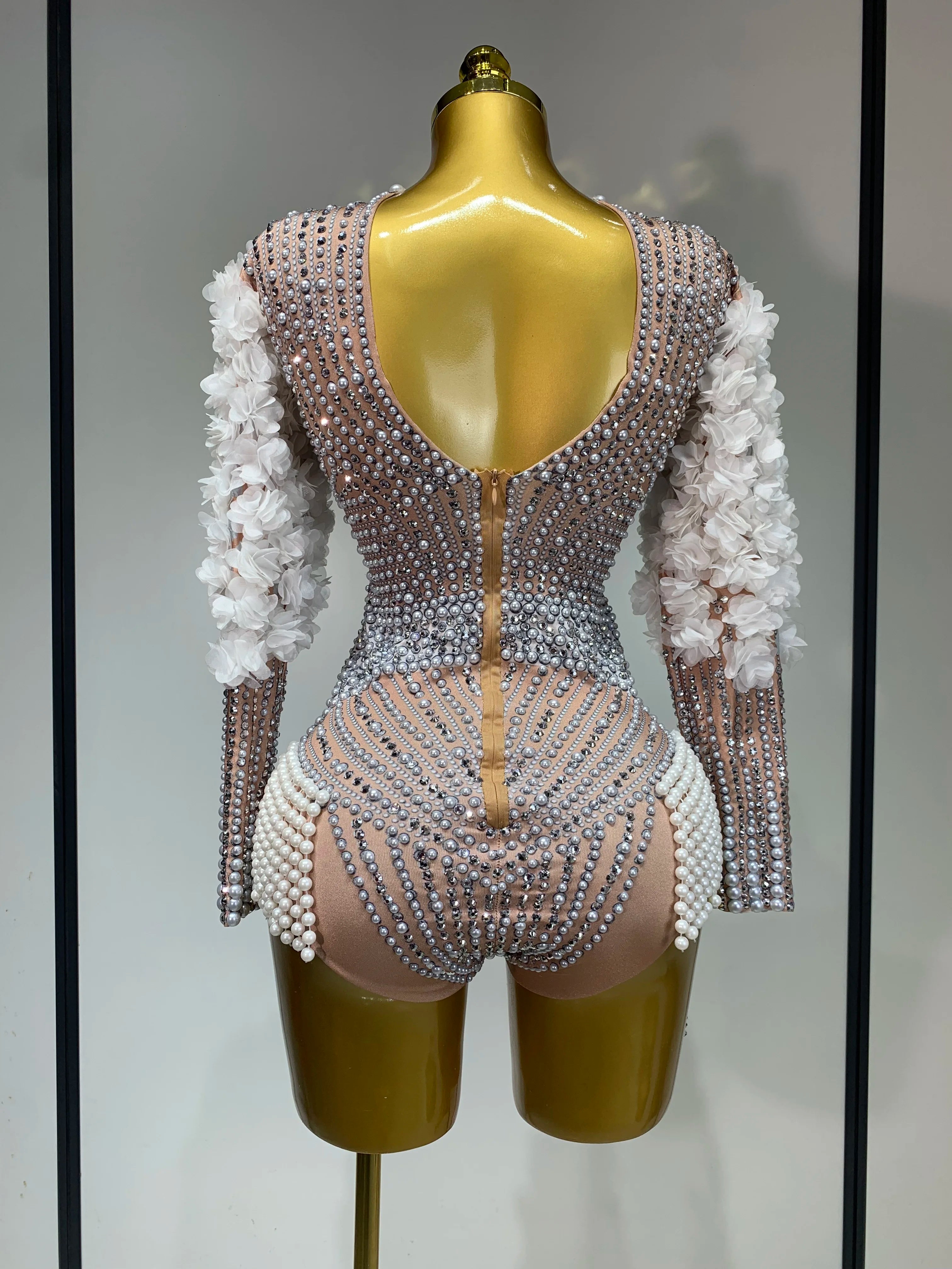 Sparkly Luxury Sheath Bodysuit Women Sexy Pearls Rhinestone Flowers Stage Singer Outfit Nightclub Performance Dance Costume