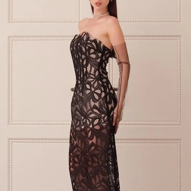 Elegant Black Strapless Backless Sheer Lace Midi Dress Cocktail & Evening Party Glam Gown