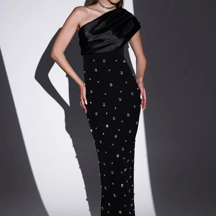 Women Sexy One Shoulder Diamonds Pink Black Maxi Long Bodycon Bandage Dress Elegant Evening Club Party Dress black