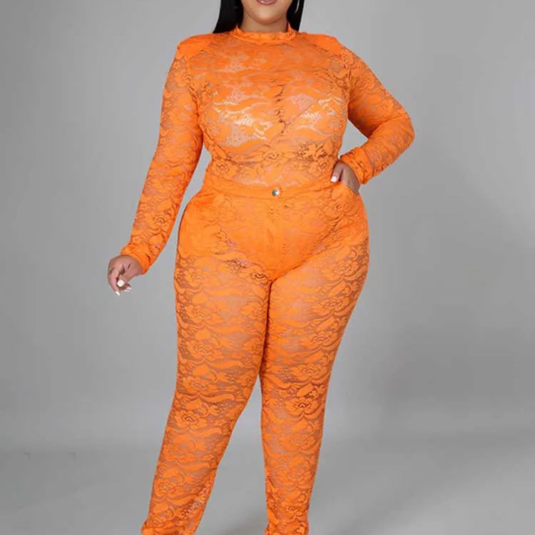 Chic and Elegant Woman Set Night Club Wear Plus Size Women Hot Outfit Transparent Lace Bodysuit and Pants Sexy Festival Outfit Orange