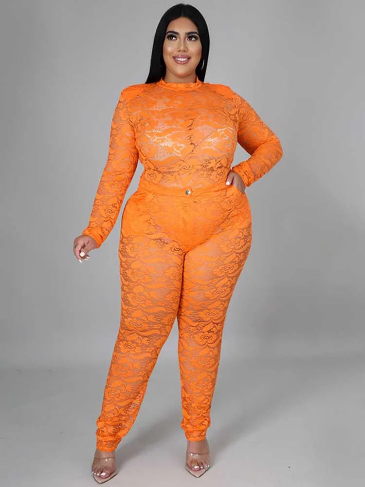 Chic and Elegant Woman Set Night Club Wear Plus Size Women Hot Outfit Transparent Lace Bodysuit and Pants Sexy Festival Outfit Orange