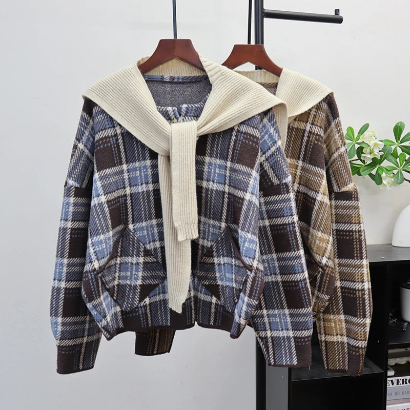 Autumn Winter New Plaid Knitted Double-Sided Shawl Cardigan For Women Loose Sweater Coat Female Trendy 11A07623 Blue One Size