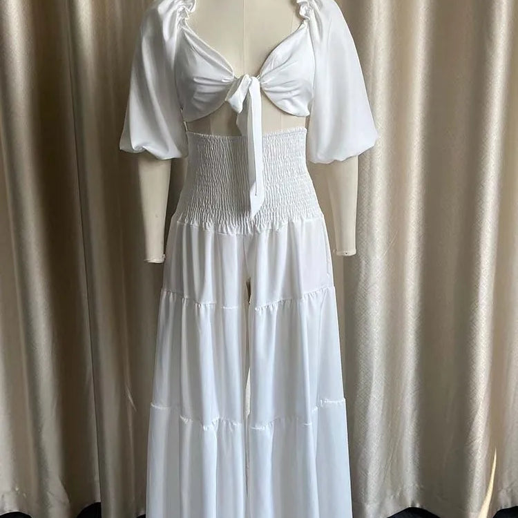 Plus Size Summer 2 Two Piece Set Women Bodycon Sexy Fashion Ladies Cropped Blouses Wide Leg Loose Pleated Woman Long Pant