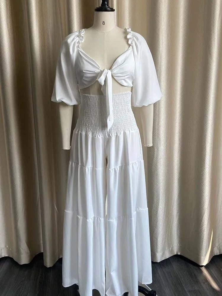 Plus Size Summer 2 Two Piece Set Women Bodycon Sexy Fashion Ladies Cropped Blouses Wide Leg Loose Pleated Woman Long Pant