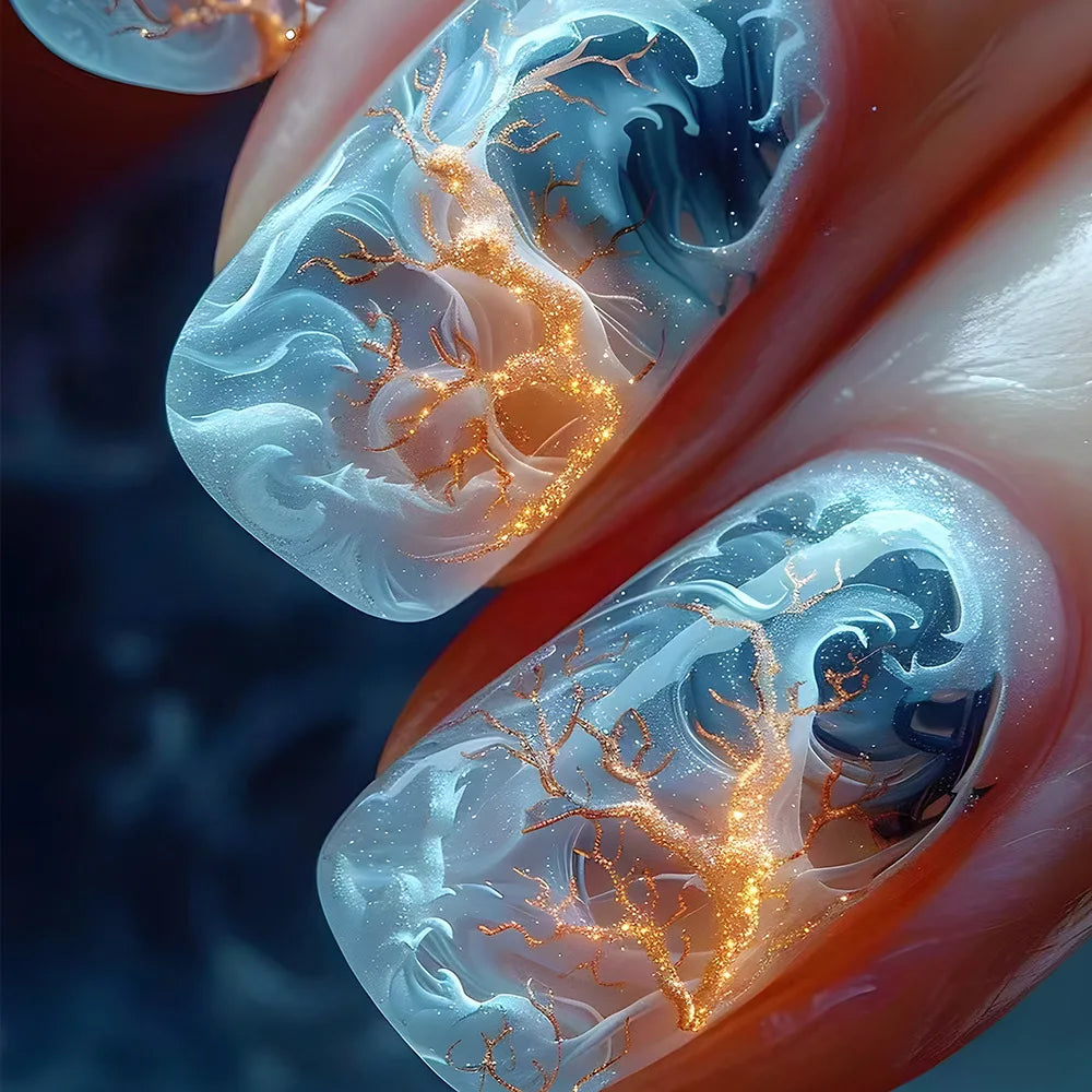 24pcs Golden Stripe Press on Nails Shiny Powder Love Design Long Square False Nails Wearable Full Cover Nail Tips Blue Fake Nail DY1817