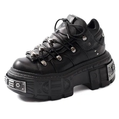 2025 Women Ankle Boots for Woman's Thick Bottom Lace-Up Metal Decoration Round Toe Platform Shoes Ladeis Punk Gothic Sneakers black 3