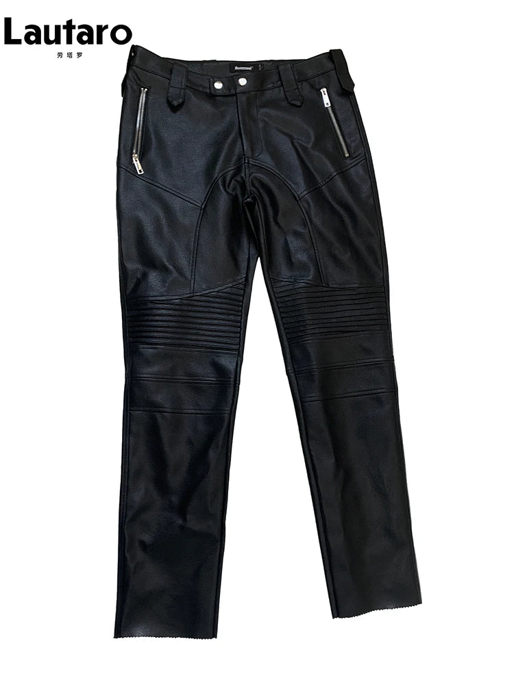 Lautaro Autumn Cool Black Fitted Faux Leather Moto & Biker Pencil Pants Men High Waist Luxury Mens Designer Clothes Fashion 2025 Black