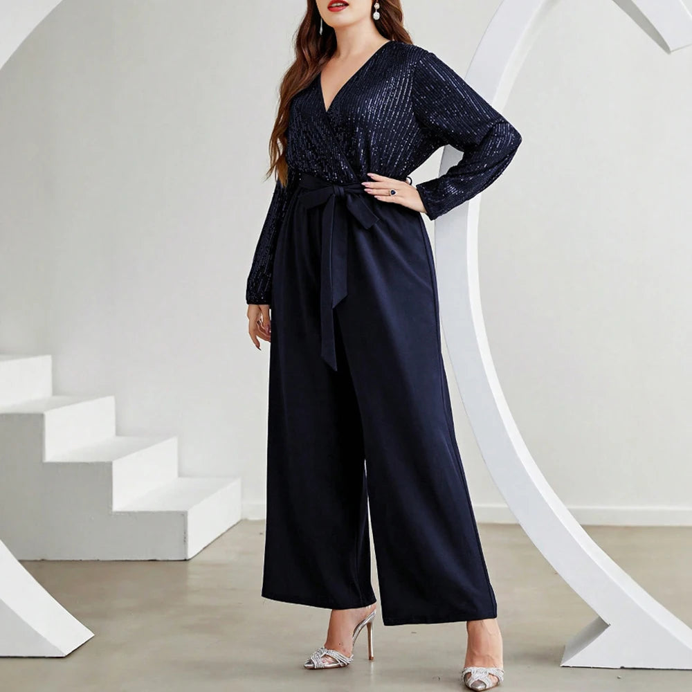 Plus Size Rafiah Women's Summer 2025 Sets Deep V-Neck Sequin Top Wide Leg Palazzo Pants Bow Tie Waist Evening Collection Sets