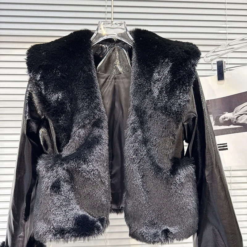 Winter New Fashion Fur Patchwork PU Leather Short Jacket For Women High Street Style Lapel Coat Female Trend 11A07483