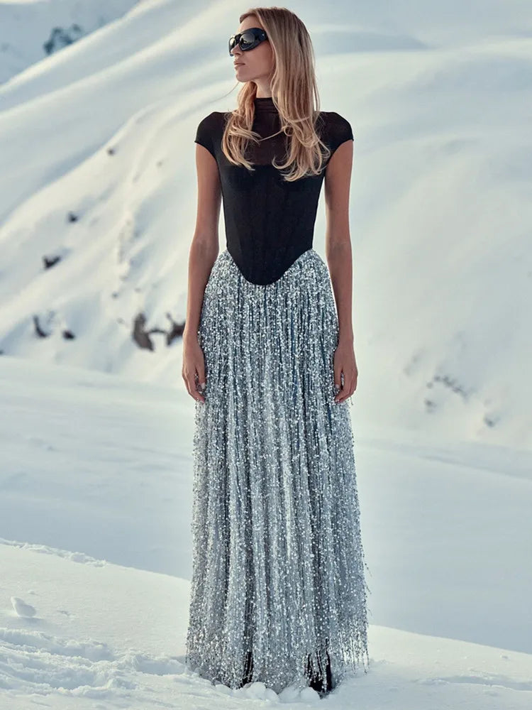 Women Celebrity Sexy Short Sleeve Mesh Sequins Silver Maxi Long Bodycon Skirt Set 2025 Elegant Evening Club Party Outfits
