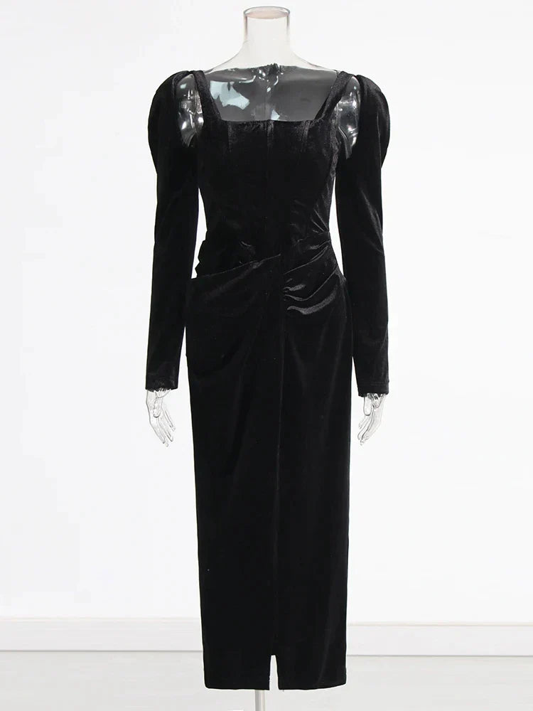 Solid Patchwork Folds Elegant Dresses For Women Square Collar Long Sleeve High Waist Split Slimming Dress Female