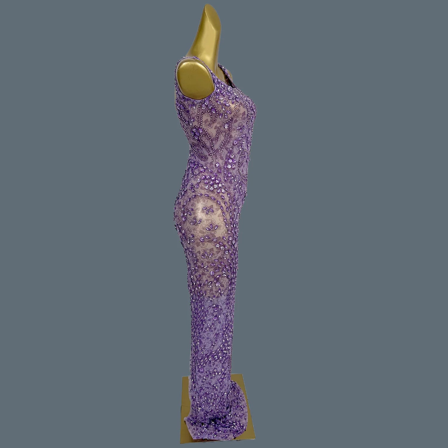 Women Sparkly Rhinestone Purple Couture Birthday Party Sexy Ball Long Dress Elegant See Through Mesh High-end Event Dress Zixia