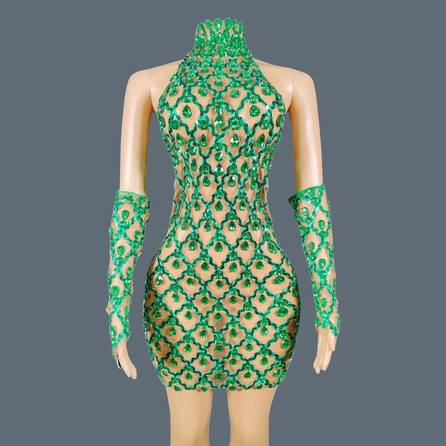 Sparkly Sequins Crystals Summer Mini Dress Sexy Sleeveless See Through Mesh Women Party Dress Event Singer Show Wear Shaokaojia green with gloves One Size