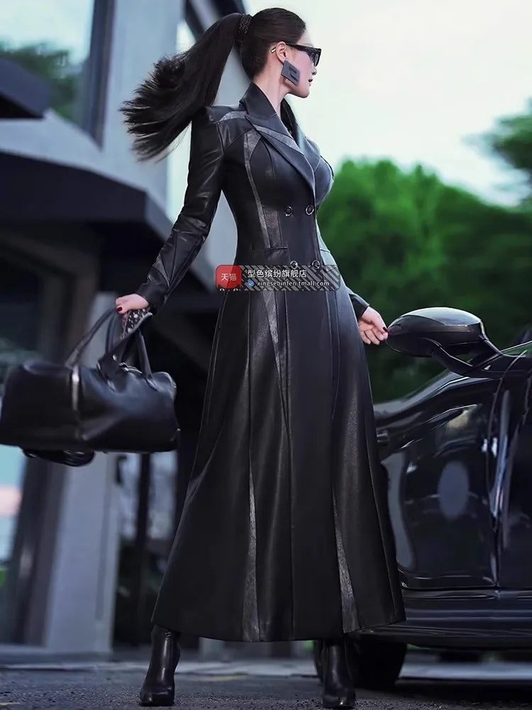Lautaro Spring Autumn Long Fitted Black Patchwork Pu Leather Coat Women Double Breasted Elegant Chic Luxury Designer Clothing Black