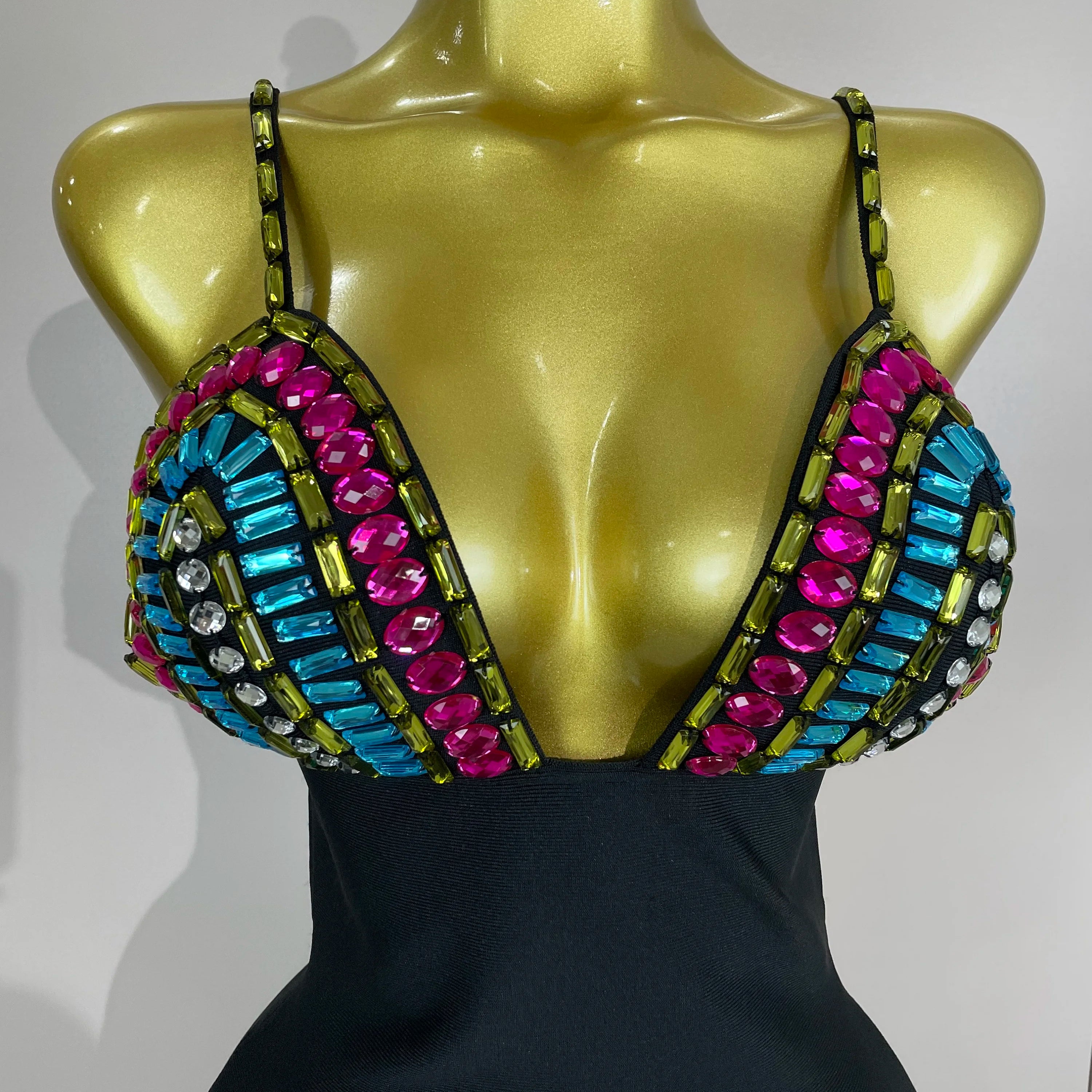 2025 Sparkly Colorful Diamonds V Neck Black Bodycon Bandage Dress Celebrity Elegant Evening Club Party Luxury Birthday Dresses