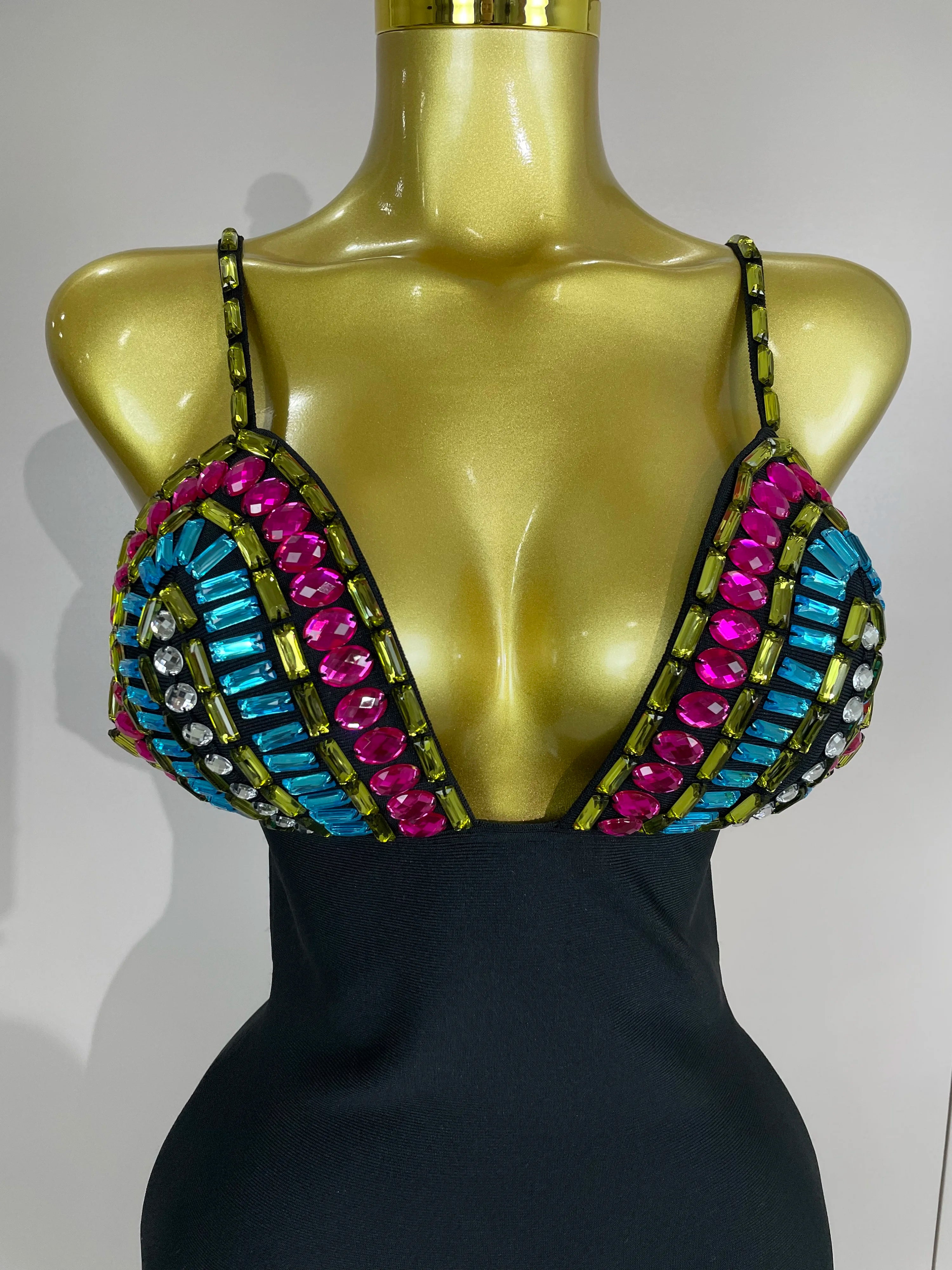 2025 Sparkly Colorful Diamonds V Neck Black Bodycon Bandage Dress Celebrity Elegant Evening Club Party Luxury Birthday Dresses