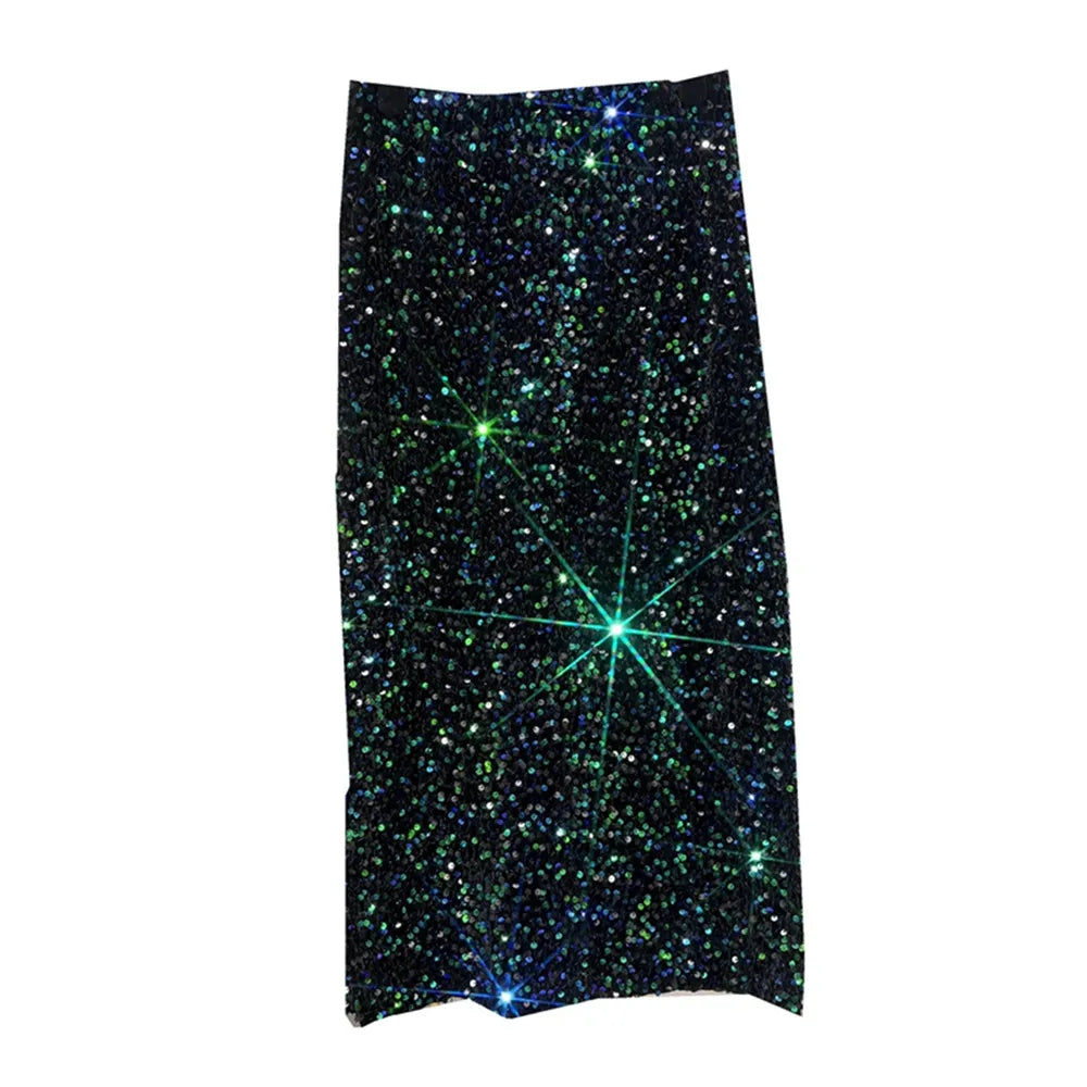 French High-waisted Slim Skirt High-quality Shiny All-match Mid-length Thickened Hip Skirt Split Black Sequin Skirt Women