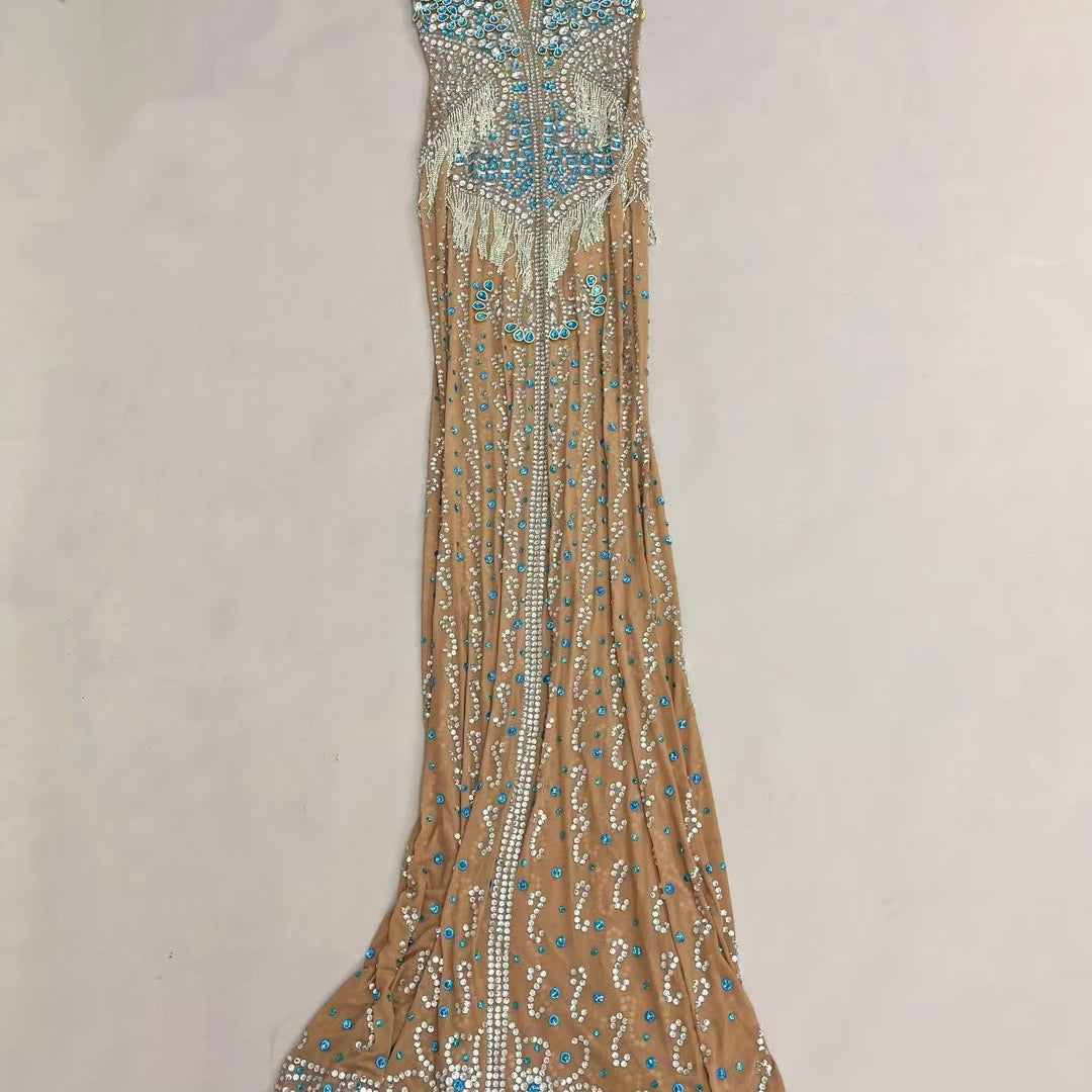 High-end Evening Gown Sparkly Diamonds Sheer Mesh Floor-length Dress Luxury Crystals Tassel Birthday Prom Ball Dress Lancaihua