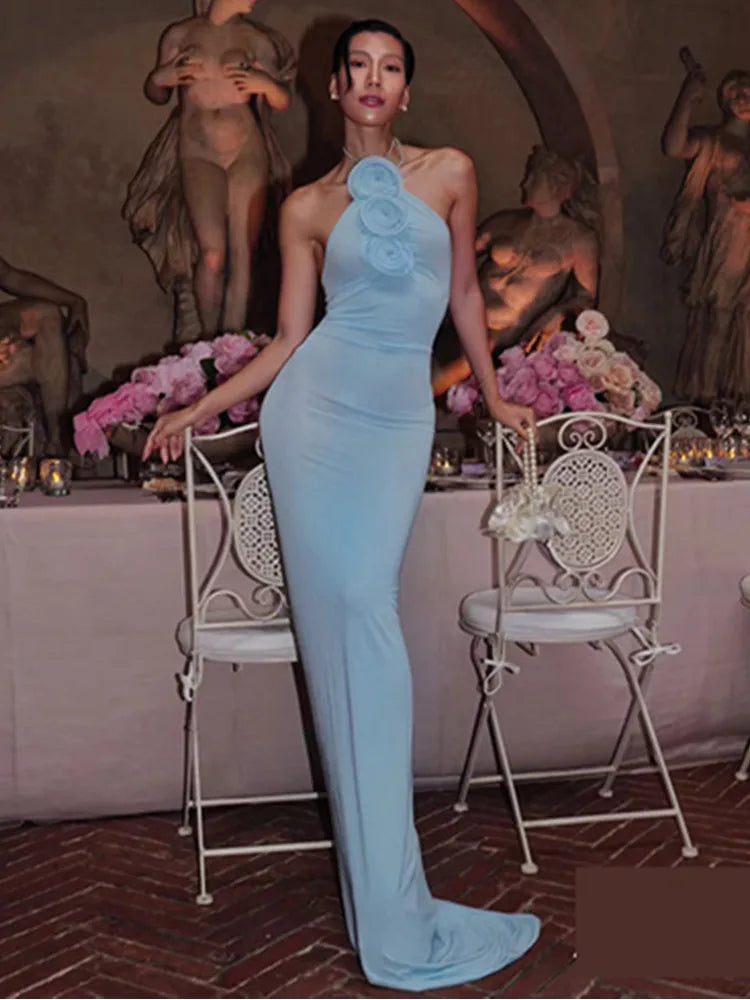 Women Celebrity Sexy Backless Halter Flower Sky Blue Maxi Long Gowns Dress 2024 Elegant Evening Party Club Dress Vestido SKY BLUE