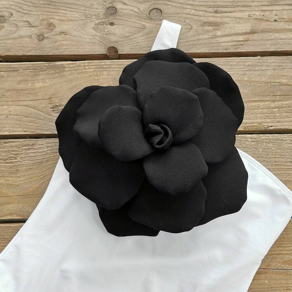 White Black Flower One Piece Swimsuit Swimwear Monokini Bodysuit White Swim Suit Bathing Suit Belt Beach Wear Summer
