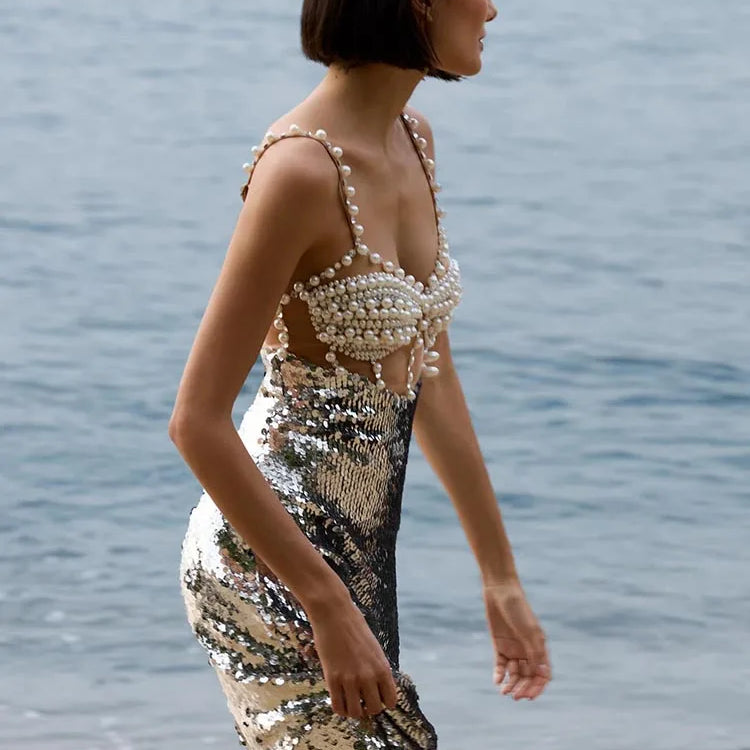 Chic Sequin Pearl Detailed Cut-Out & Straps Dress for Trendy Parties Evening Gown