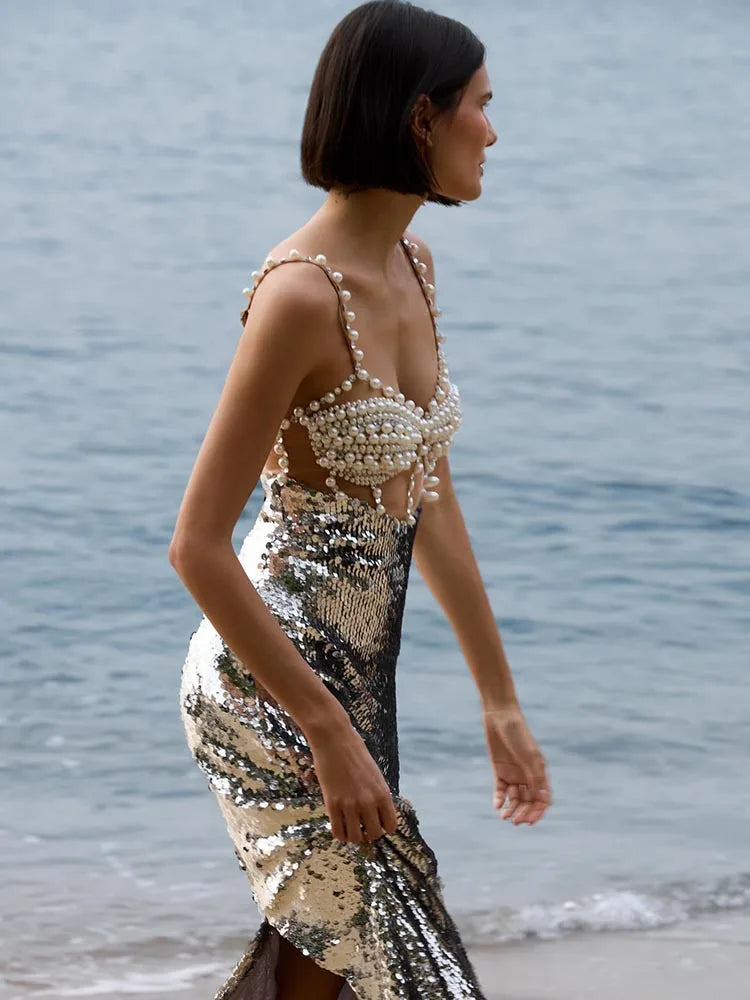 Chic Sequin Pearl Detailed Cut-Out & Straps Dress for Trendy Parties Evening Gown