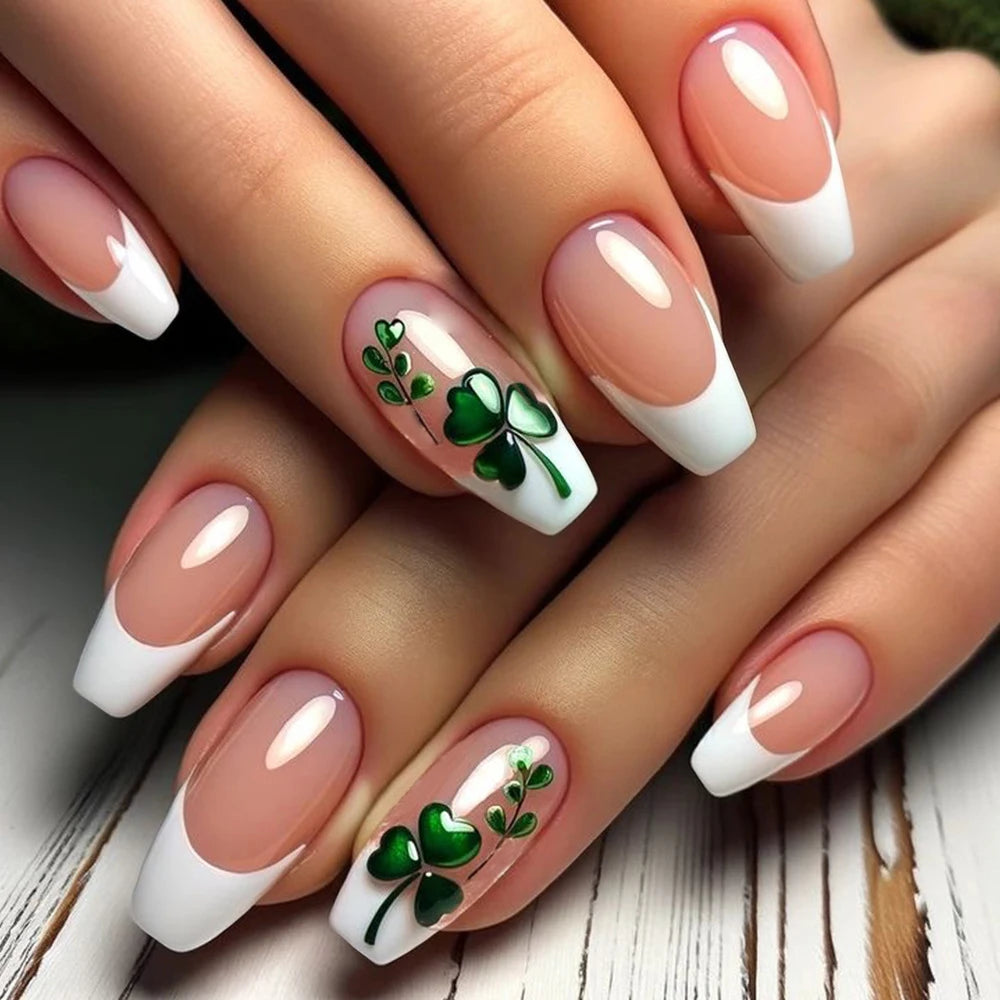 24Pcs Golden Glitter Fake Nail Art with Clover Sequin Design Medium Square False Nail Tip Simple Green Wearable French Gel Nails 6