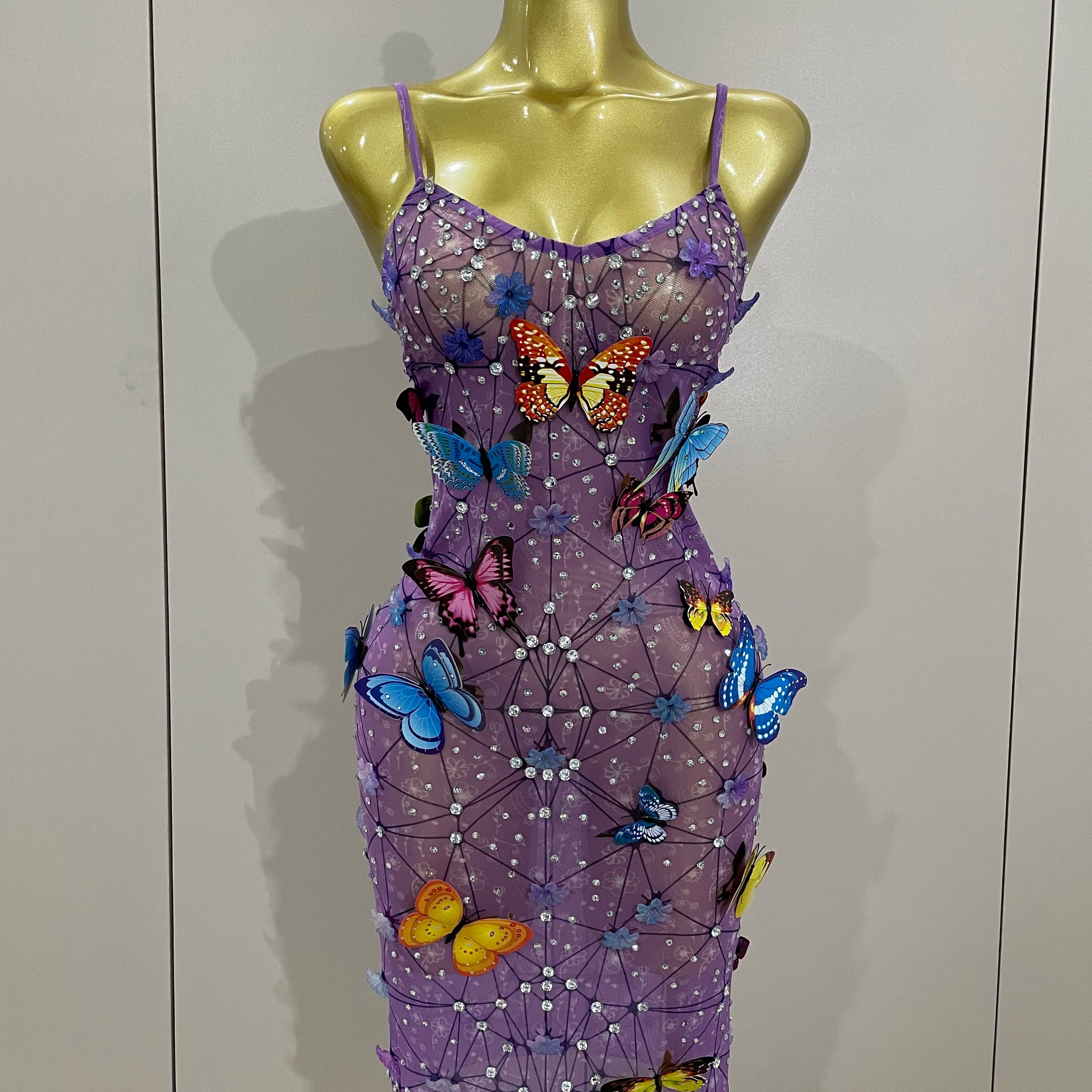 Women Celebrity Luxury Birthday Nightclub Stage Outfit 2025 Sparkly Butterfly Purple Sexy Mesh See Through Dress PURPLE