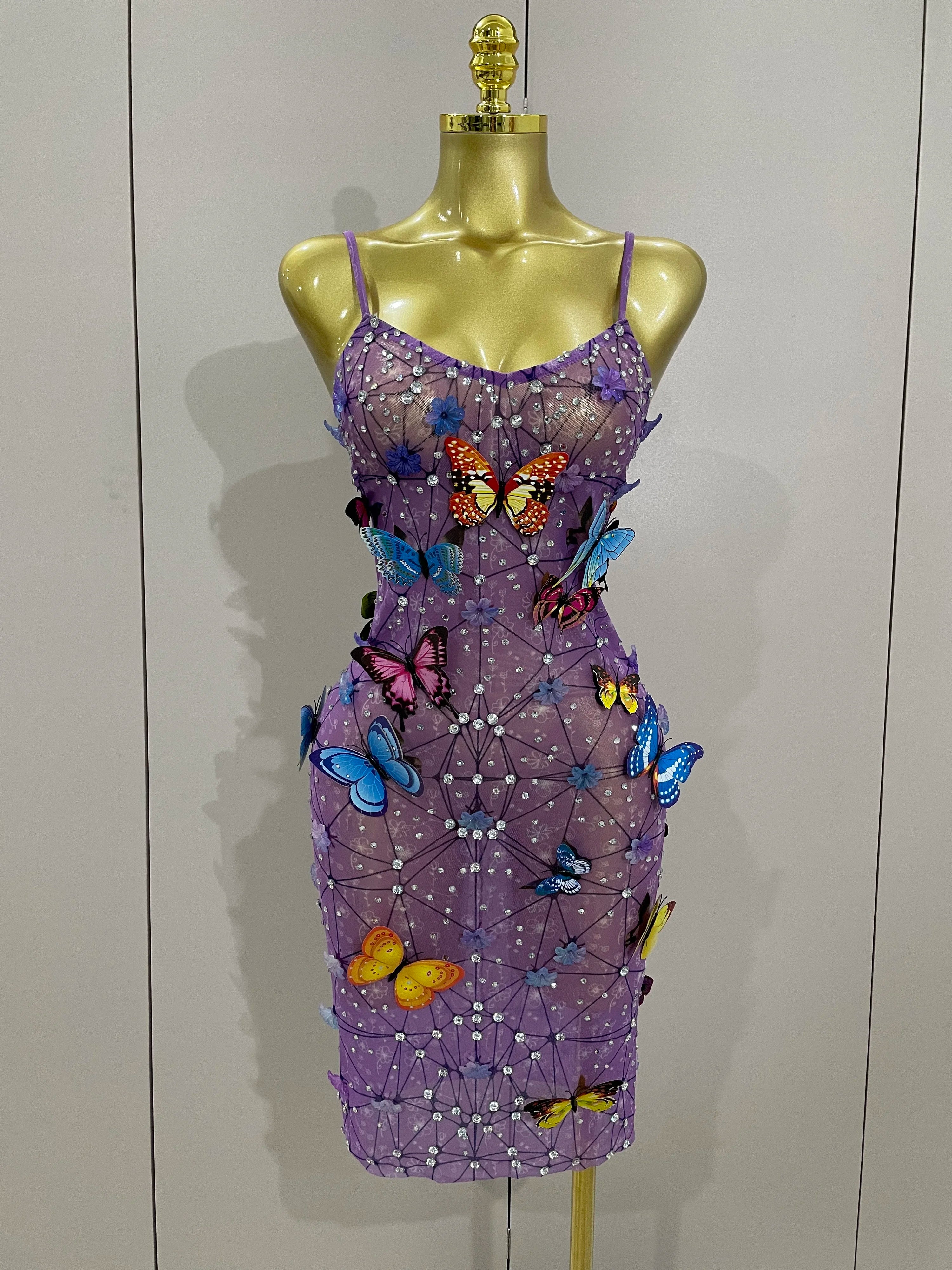 Women Celebrity Luxury Birthday Nightclub Stage Outfit 2025 Sparkly Butterfly Purple Sexy Mesh See Through Dress PURPLE