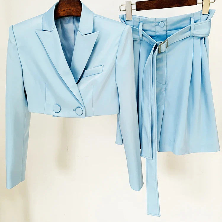 HIGH STREET Newest Fashion Designer Runway Suit Set Women's Satin Crop Blazer Jacket Belted Shorts Set 2pcs