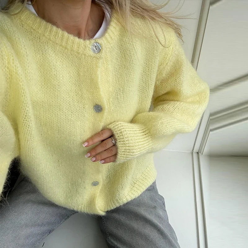 Vintage Leopard Print Mohair Women Cardigans Knitted O-neck Single Breasted Short Sweater Autumn Lady Casual Streetwear New Yellow