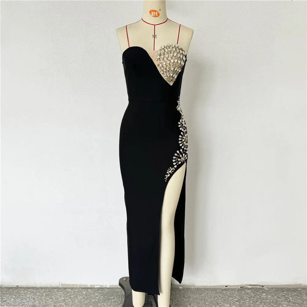 Women Sexy Strapless Golden Crystal Bodycon Long Bandage Dress Fashion Celebrate Evening Party Birthday Photo Shot Wear