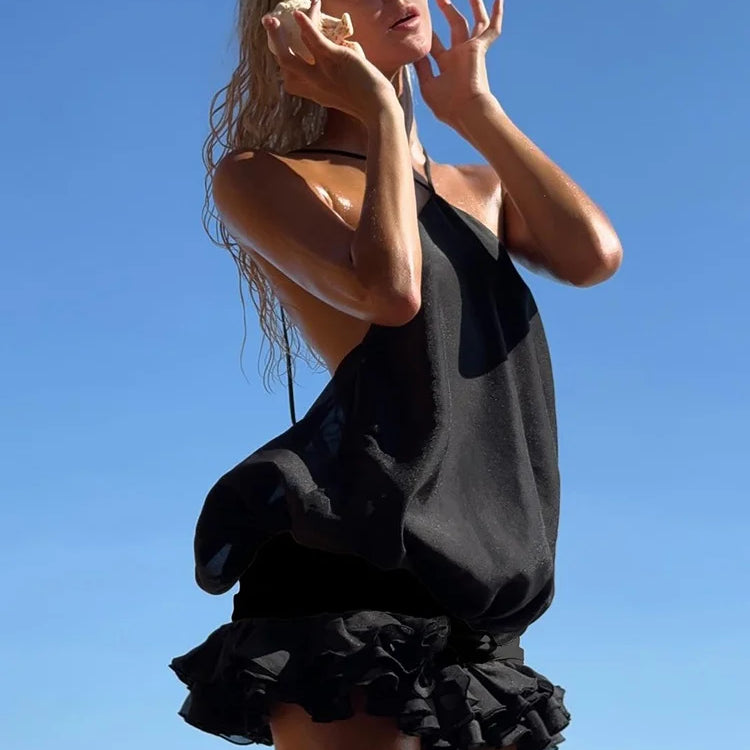 VC Edgy Black Halter Sleeveless Mini Dress Gown with Open Back for Trendy Parties