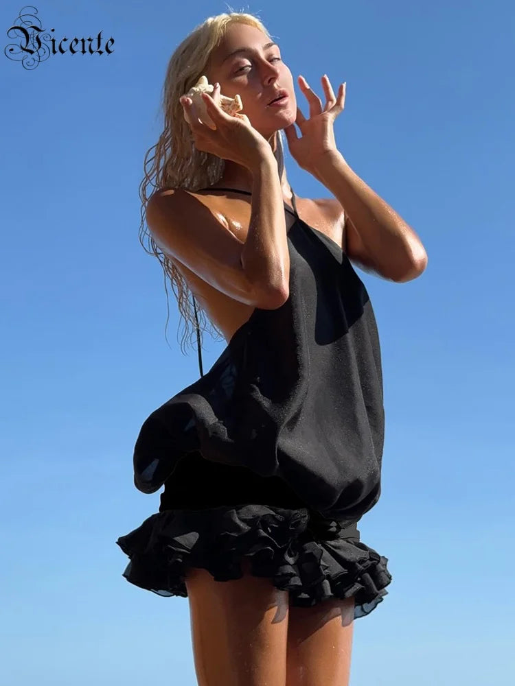 Edgy Black Halter Sleeveless Mini Dress Gown with Open Back for Trendy Parties