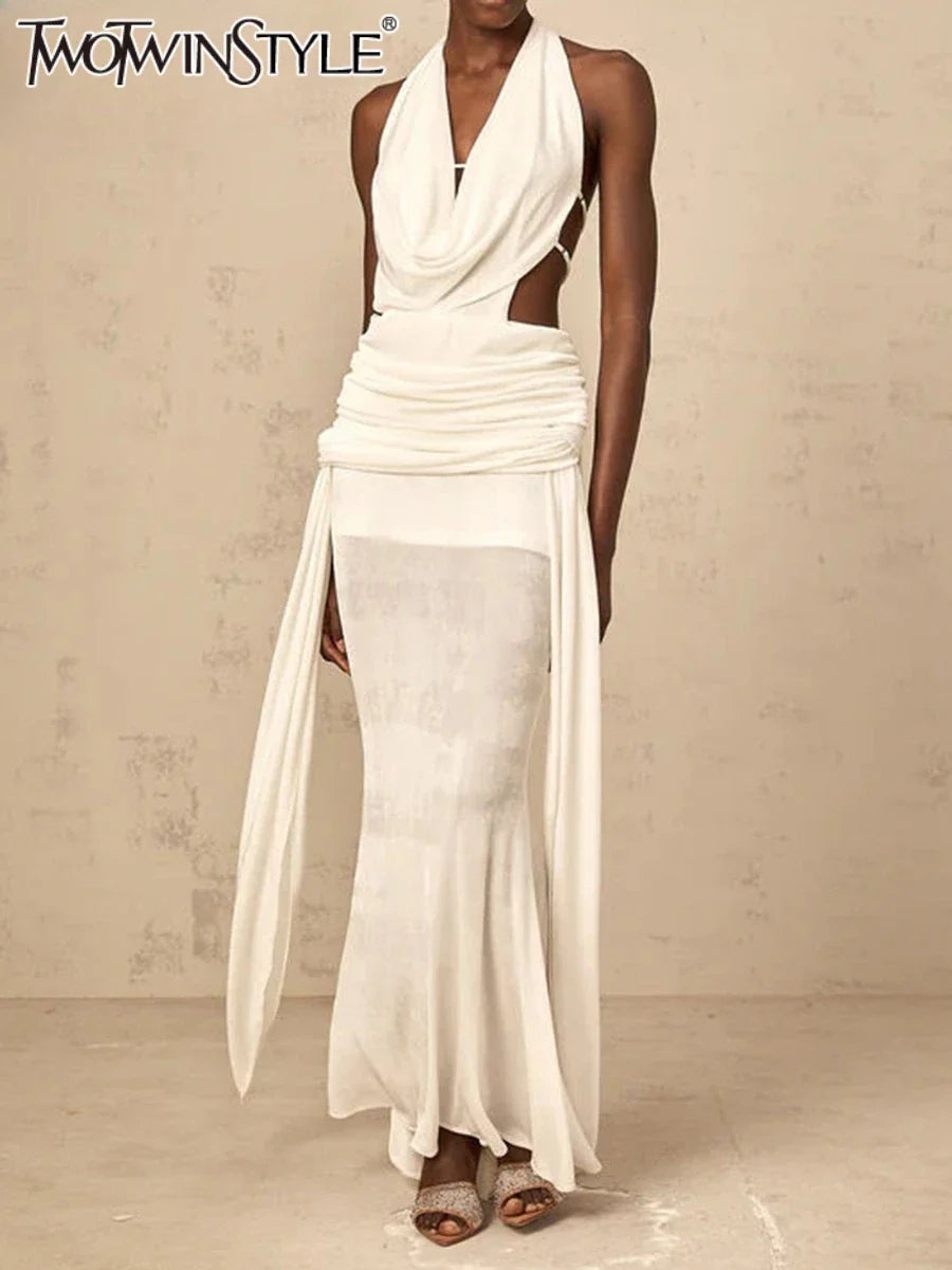 Solid Slimming Spliced Hollow Out Dresses for Women Halter Neck Sleeveless Patchwork Sheer Midi Dress Female New