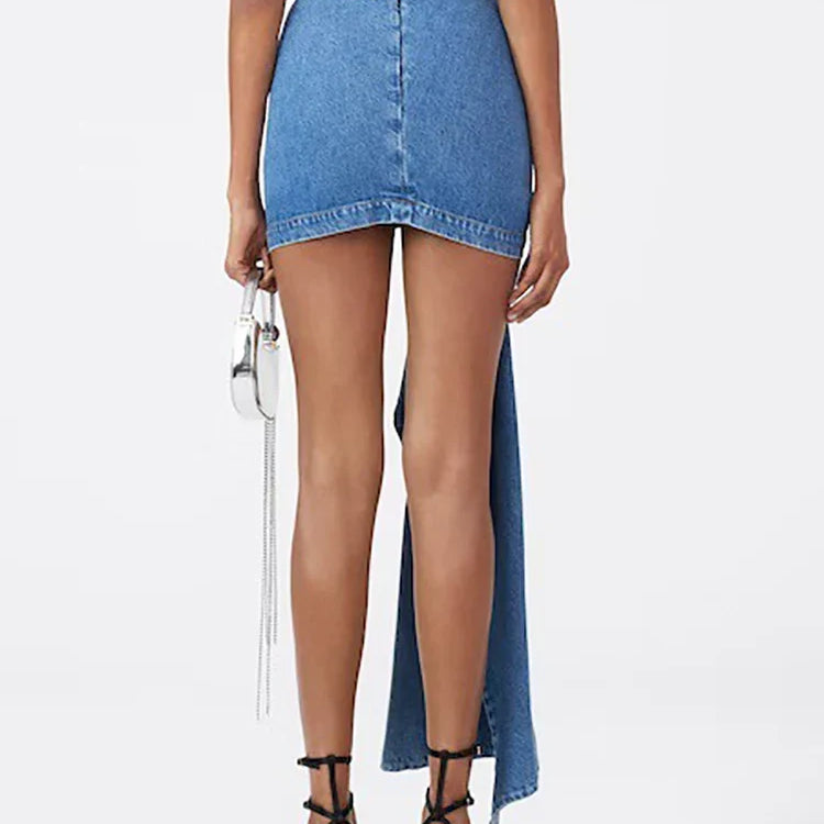 DEAT Fashion Women's Skirt High Waist Three-dimensional Rose Flower Asymmetric Blue Denim Short Skirts Summer New 17A8357