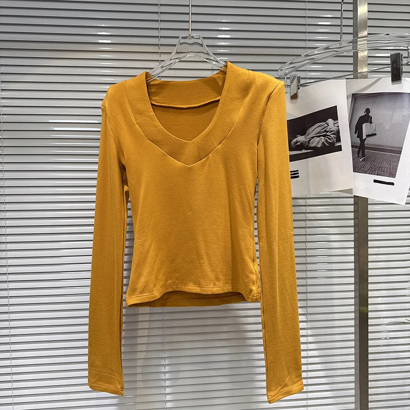 Winter New Fashion V-Neck Simple Design Shoulder Pad Long Sleeve Base T-Shirt For Women Solid Color Top 11A07711 Orange