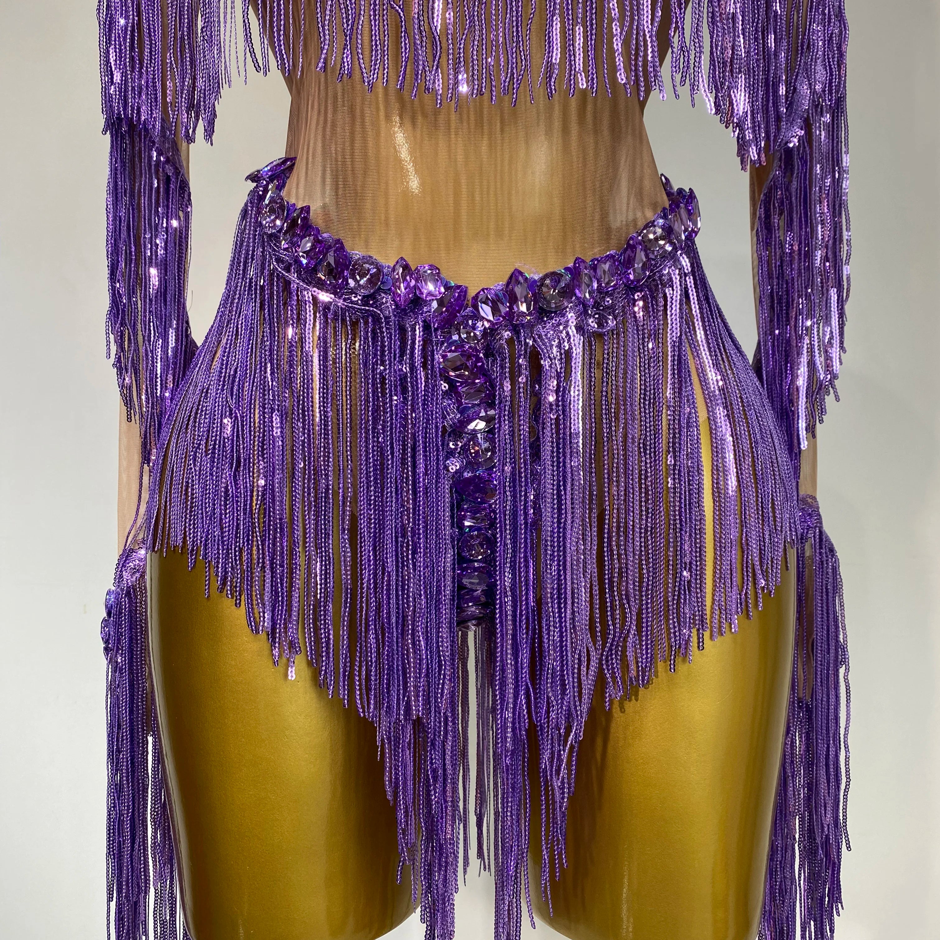 Sparkly Tassel Rhinestones Long Sleeves Sexy Stretch Mesh See Through Bodysuit Women Nightclub Stage Singer Perform Costume