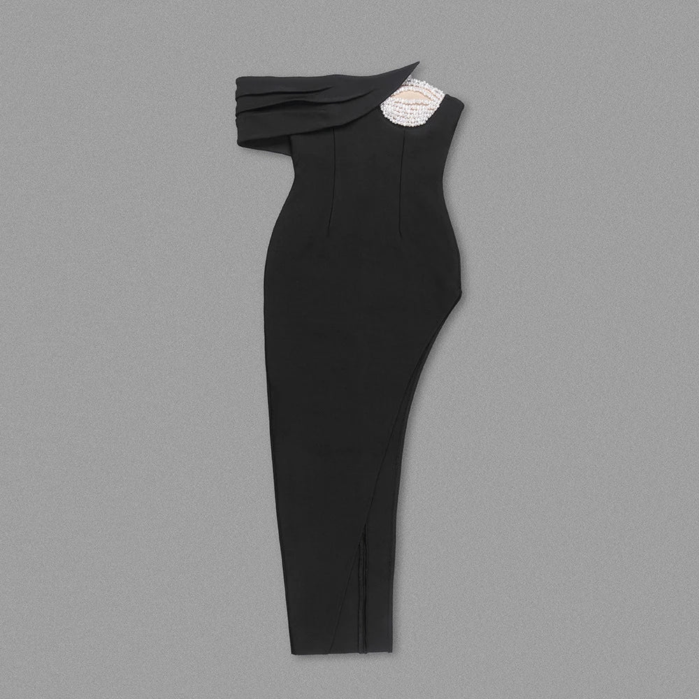 Patchwork Pearls Asymmetrical Dress For Women Strapless Sleeveless High Waist Split Sexy Dresses Female Fashion New