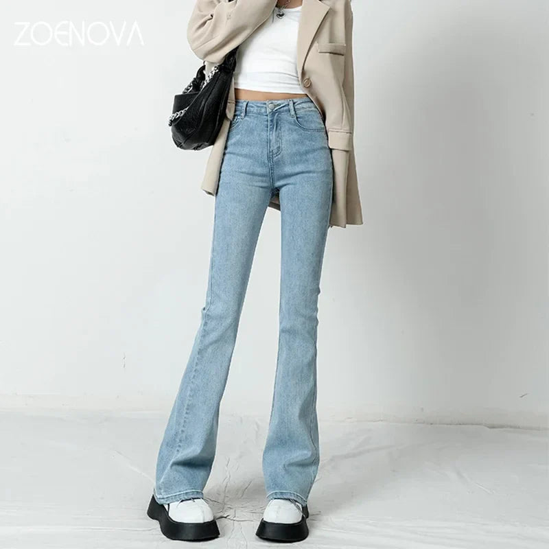 ZOENOVA Women Flared Jeans Loose Denim Pants Bottom Straight High Waist Stretch Urban Female Flare Trouser 2023 Fashion 6 Color Light Blue