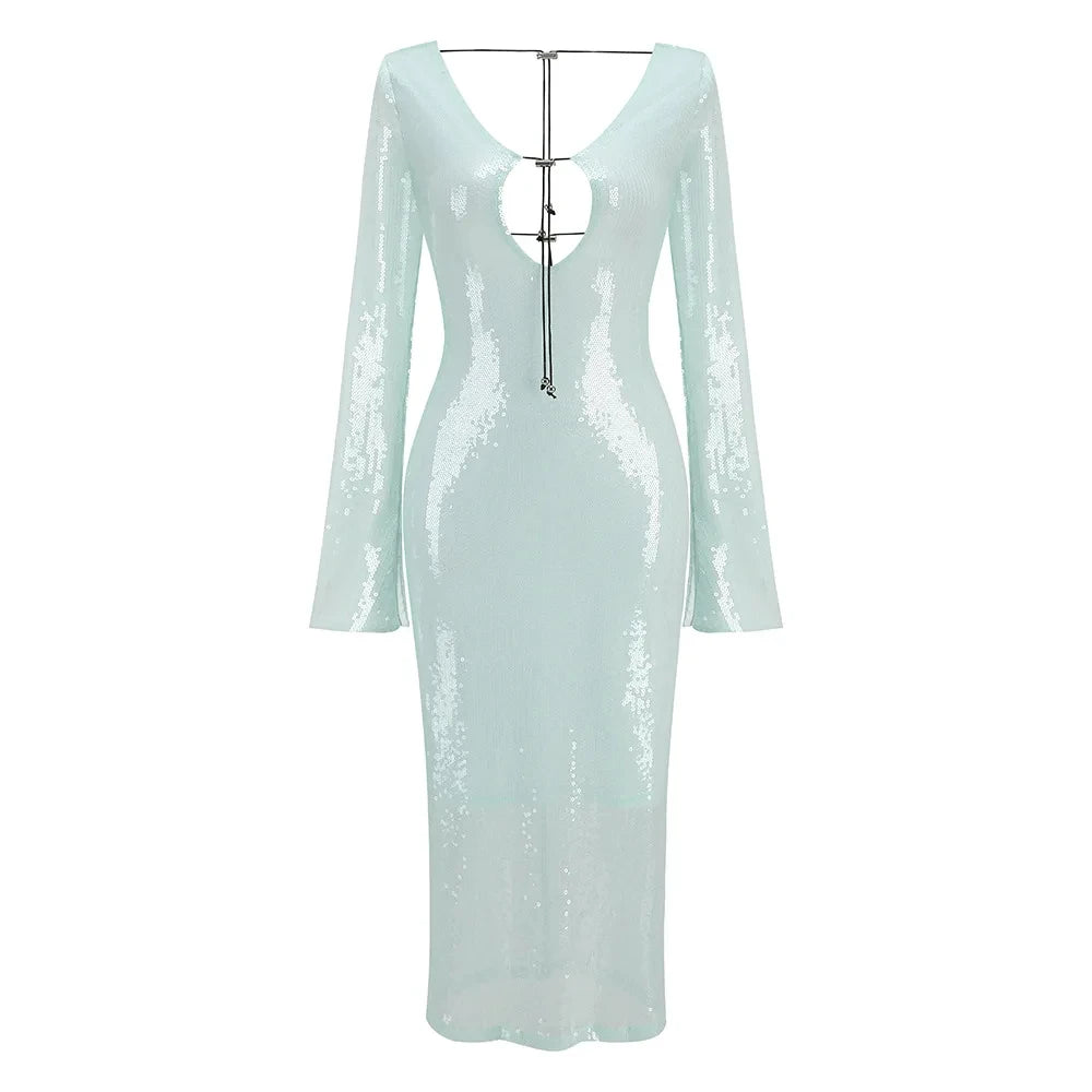 STOCK New Autumn Sparkling Sequins Sexy V-Neck Hollow Out Aklen Length Dress Fashion Woman Evening Party Outfit Mint