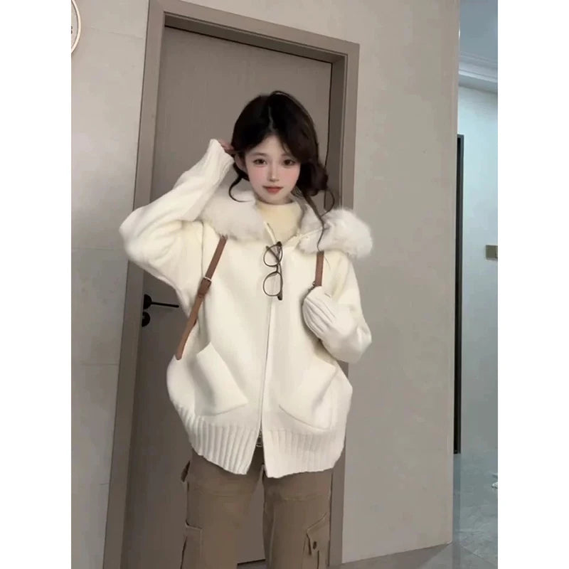 YIBASHU American Retro Hooded Sweater with Fur Collar and Knitted Sweater Women Autumn Winter Casual Loose White Cardigan Sweate