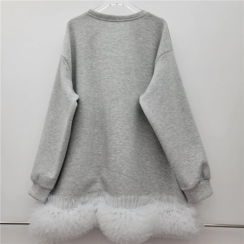 Autumn New Versatile Elegant Three-Dimensional Decorative Patchwork Puffy Mesh Long Sleeve Hoodie For Women 11A07702