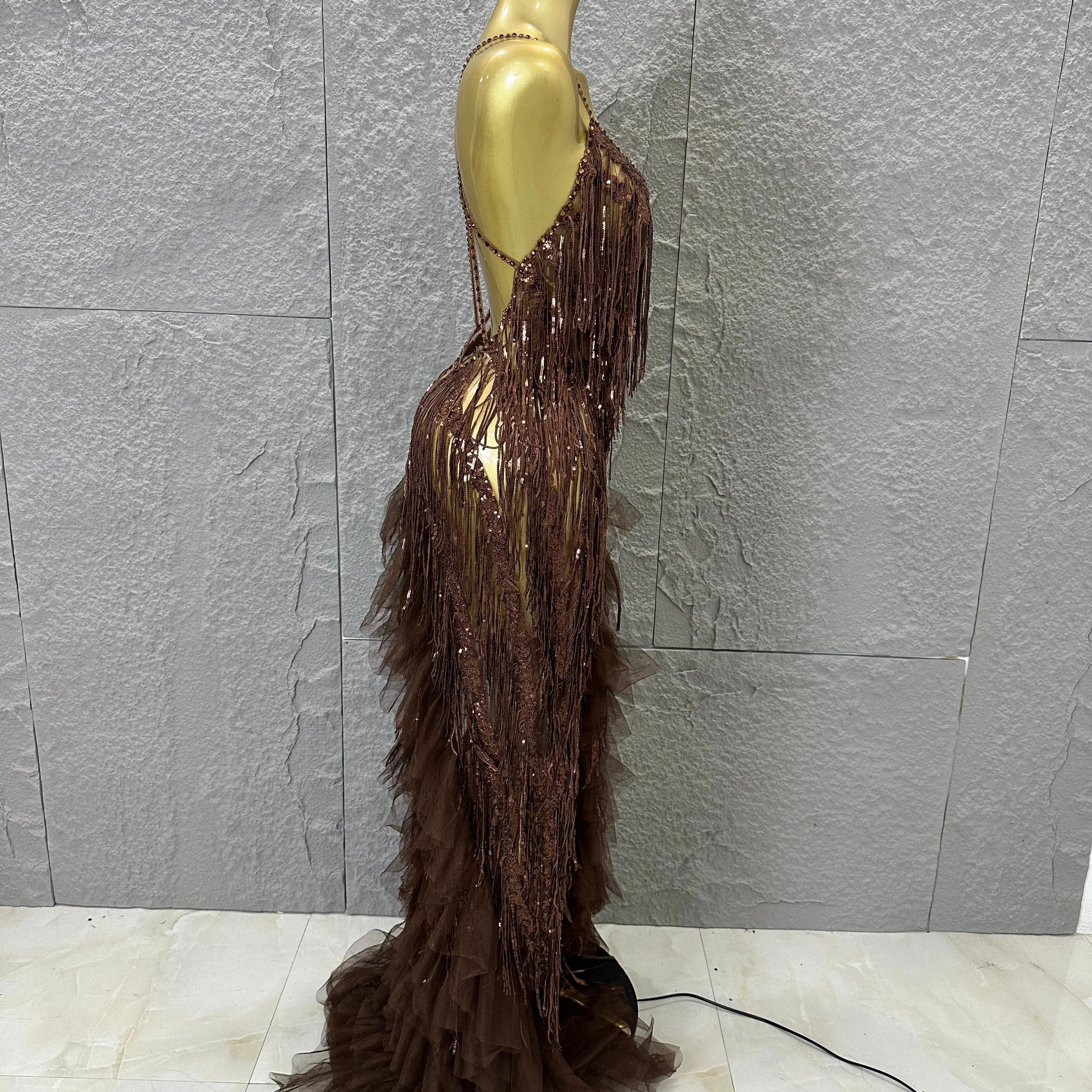 Elegant Brown Floowy Lace Women Sexy Spaghetti Strap V-Neck Tulle Ruffle High Slit Bodycon Outfit Evening Gala Party Costume