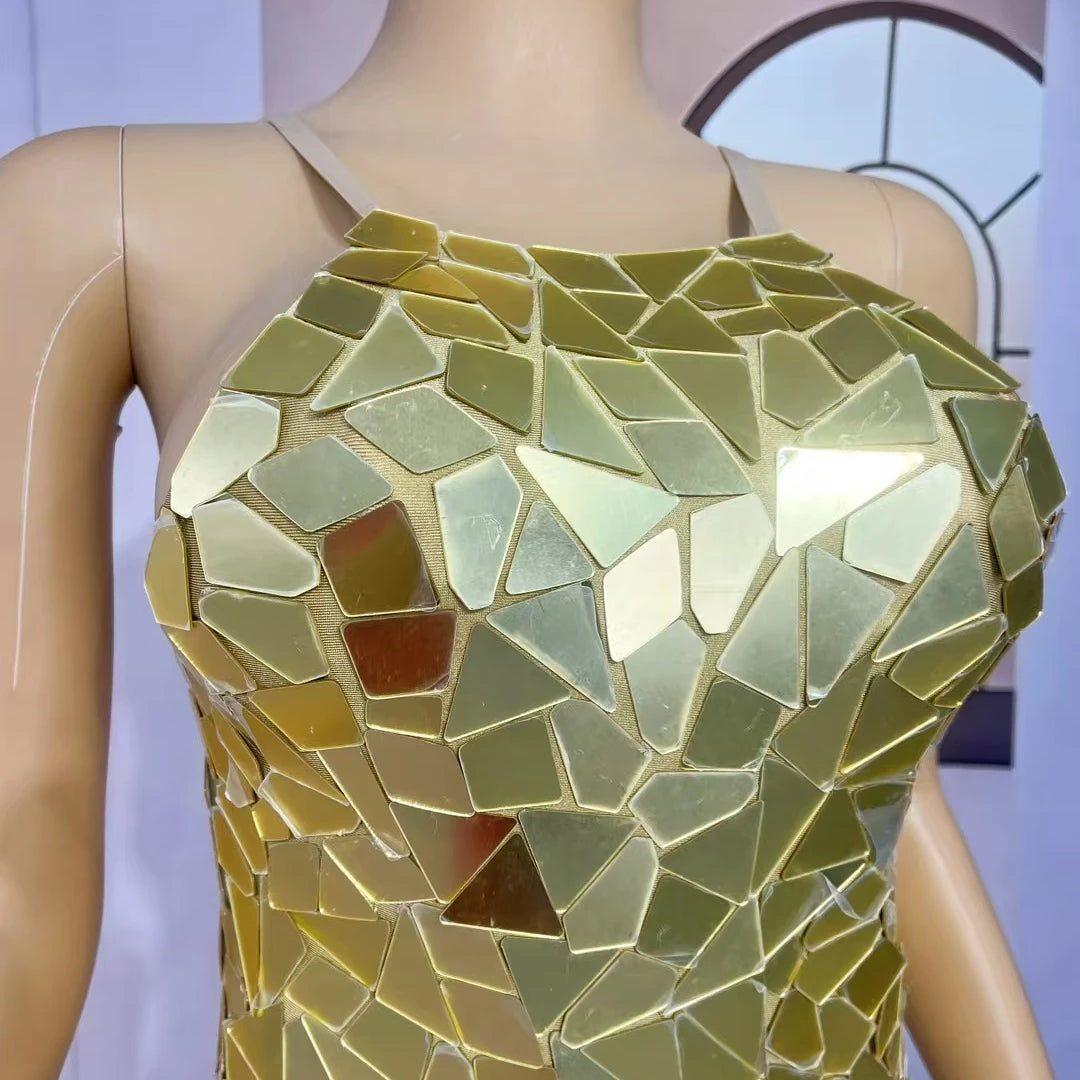 Sparkly Golden Sequins Strap Mini Dress for Women Birthday Celebrate Party Bodycon Dress Club Stage Show Dress Chajianjingpian